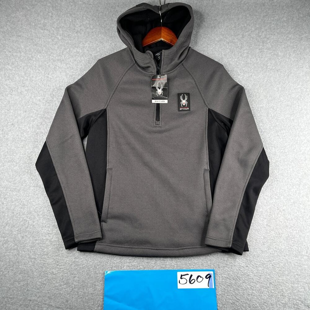 Spyder Polar Hoodie Sweatshirt Small Gray Black 1/2 Zip Pockets Pullover New